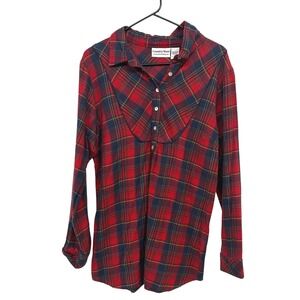 Country‎ Store Plaid Cotton Flannel Popover Tunic Top L Red Cozy Farmcore Cabin